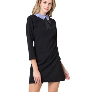 English Factory Black Chambray Pearl Embellished Collar Bow Mini Dress - L